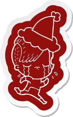 Uzay giysileri giyen, Noel Baba şapkası takan, ağlayan bir kızın insan tarafından çizilmiş garip bir karikatür çıkartması.