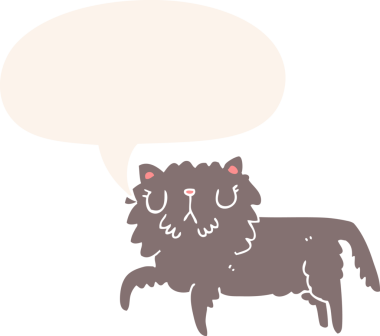 Konuşma baloncuğu olan çizgi film kedisi insan tarafından çizilmiş.