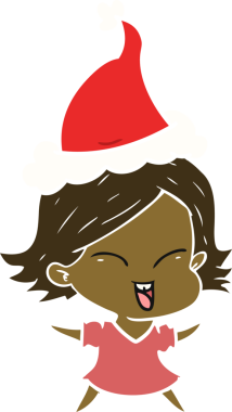 Mutlu el çizimi düz renk çizimi Noel Baba şapkası giyen bir kız bir insan tarafından çizilmiş.