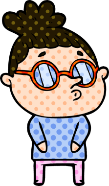 Bir insan tarafından çizilmiş gözlüklü bir karikatür kadın.