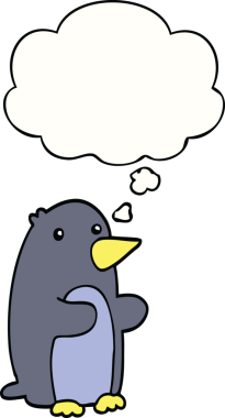 Bir insan tarafından çizilmiş düşünce baloncuklu penguen.