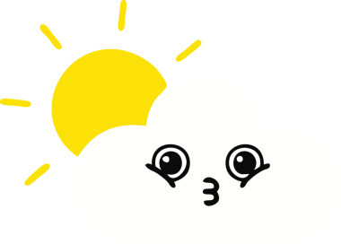 Bir insanın çizdiği düz renkli güneş ve bulut karikatürü