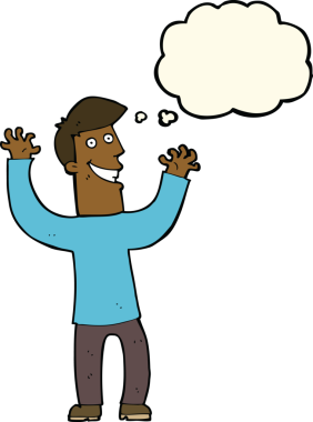 Bir insan tarafından çizilmiş düşünce baloncuğu ile heyecanlı bir adam.