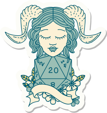 Bir insan tarafından çizilmiş doğal yirmi zarla yapıştırılmış bir etiket.