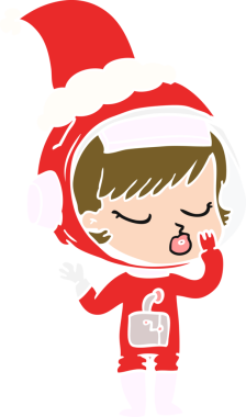 Bir insan tarafından çizilmiş Noel Baba şapkası giyen güzel bir astronot kızın el çizimi düz renk çizimi.