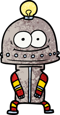 Bir insan tarafından çizilmiş ampullü mutlu karton robot.