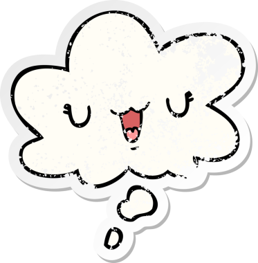 Düşünce baloncuğu olan sevimli mutlu çizgi film yüzü bir insan tarafından çizilmiş yıpranmış bir çıkartma gibi.