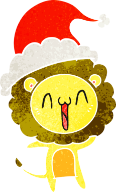 Mutlu el, bir insan tarafından çizilmiş Noel Baba şapkası takan bir aslanın retro karikatürü.