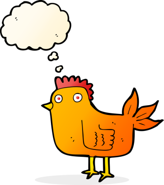 Bir insan tarafından çizilmiş düşünce kabarcığı olan çizgi film tavuğu.