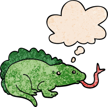 bir insan tarafından çizilmiş grunge doku biçiminde düşünce baloncuğu olan çizgi film kertenkelesi.