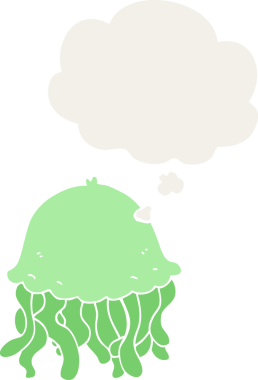 Düşünce baloncuğu olan denizanası çizgi filmi bir insan tarafından çizilmiş.