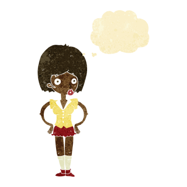 Bir insan tarafından çizilmiş düşünce baloncuğu olan elleri kalçasında çizgi film kadını.