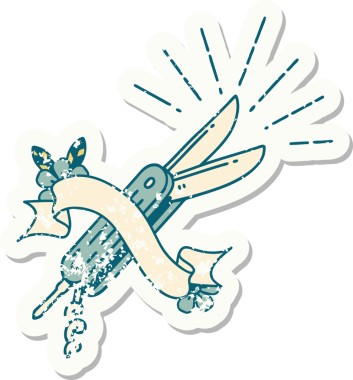 Bir insanın çizdiği eski dövme stili katlama bıçağının eski bir çıkartması.