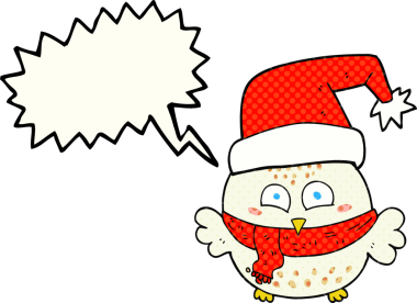 El yazısıyla çizilmiş çizgi roman konuşma balonu karikatürü. Bir insan tarafından çizilmiş şirin Noel baykuşu.