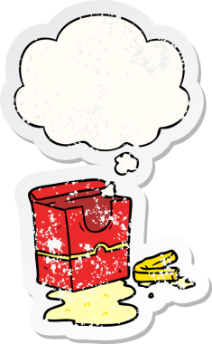 Düşünce baloncuğu olan çizgi film kızartmaları insan tarafından çizilmiş yıpranmış bir çıkartma gibi.