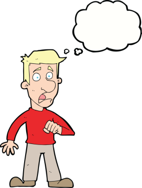 Bir insan tarafından çizilen düşünce baloncuğuyla şok olmuş bir adam.