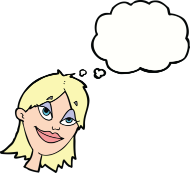 Bir insan tarafından çizilmiş düşünce balonlu mutlu kadın çizgi filmi.