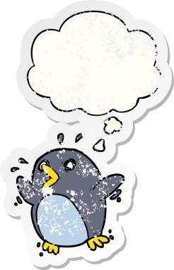 Düşünce baloncuğu olan karikatür korkmuş penguen insan tarafından çizilmiş yıpranmış bir çıkartma.