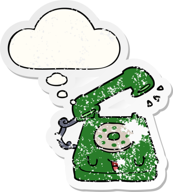 Düşünce baloncuğu olan sevimli çizgi film telefonları bir insan tarafından çizilmiş yıpranmış bir çıkartma gibi.