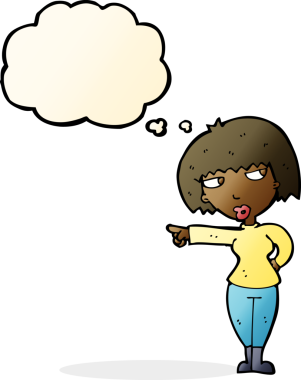 Bir insan tarafından çizilmiş düşünce baloncuğuyla işaret eden rahatsız kadın çizgi filmi.