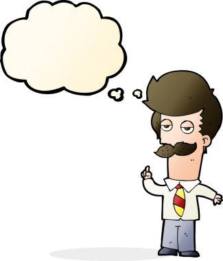 Çizgi filmdeki bıyıklı adam bir insan tarafından çizilmiş düşünce balonuyla anlatıyor.