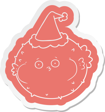 Bir insan tarafından çizilmiş Noel Baba şapkası giyen kirpi balığının garip çizgi film etiketi.