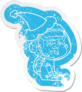 Mutlu çizgi film, bir insan tarafından çizilmiş Noel Baba şapkası giyen bir astronotun sıkıntılı çıkartması.