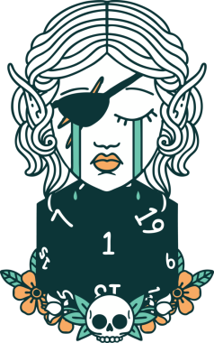 Retro Dövme Tarzı Ağlayan Elf düzenbaz karakter yüzü ve bir insan tarafından çizilmiş doğal bir D20 rulo