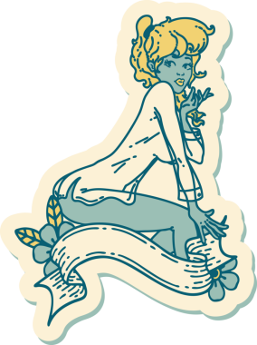 Dövme çıkartması. Geleneksel bir stil. Poster kızı, pankartı insan tarafından çizilmiş bir gömlek giyiyor.