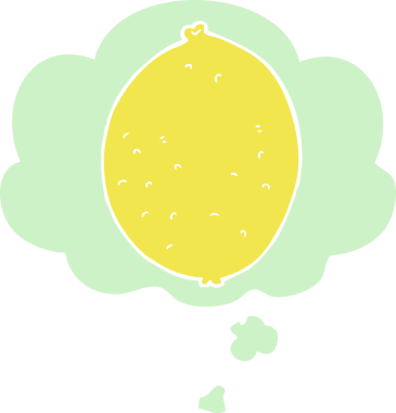 Düşünce baloncuklu karikatür limonu insan tarafından çizilmiş.