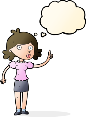 Bir insan tarafından çizilmiş düşünce baloncuğu fikri olan karikatür kadın.