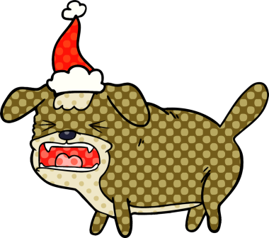 Bir insan tarafından çizilmiş Noel Baba şapkası giymiş bir köpeğin el çizimi çizgi roman tasviri.