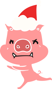 Bir insan tarafından çizilmiş Noel Baba şapkası takan bir domuzun düz renk çizimi.