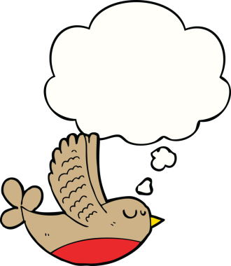 Bir insan tarafından çizilmiş düşünce baloncuklu çizgi film kuşu.