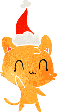 Bir insan tarafından çizilmiş Noel Baba şapkası giyen mutlu bir kedinin el çizimi karikatürü.