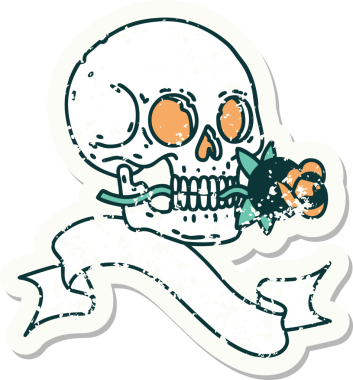 Bir insan tarafından çizilmiş kafatası ve gülü olan eski bir etiket.