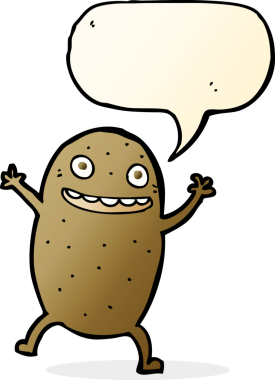 Bir insan tarafından çizilmiş konuşma balonlu mutlu patates çizgi filmi.