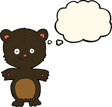 Bir insan tarafından çizilmiş düşünce baloncuklu mutlu siyah ayı.