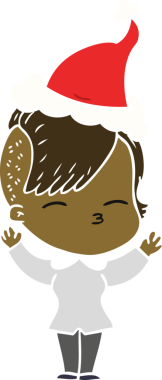 Bir insan tarafından çizilmiş Noel Baba şapkası giyen şaşı bir kızın el çizimi düz renk çizimi.