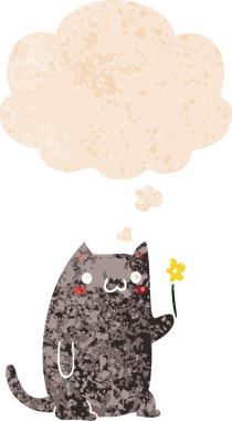 Düşünce baloncuklu sevimli çizgi film kedisi grunge sıkıntılı retro desen bir insan tarafından çizilmiş