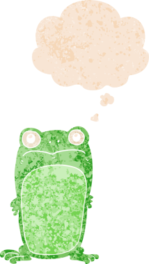 Homurdanan düşünce baloncuğu olan çizgi film bakışlı kurbağa bir insan tarafından çizilmiş dertli retro stil