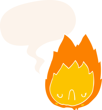 bir insan tarafından çizilmiş, konuşma baloncuklu mutsuz bir ateş çizgi filmi.