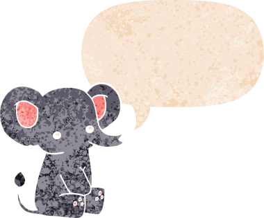 grunge 'da konuşma baloncuğu olan karikatür fili bir insan tarafından çizilmiş dertli retro tarzı.