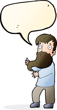 Bir insan tarafından çizilmiş konuşma baloncuğuyla heyecanlı sakallı adam.