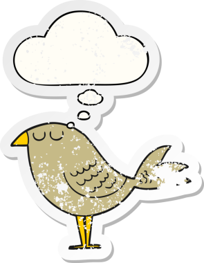 Düşünce baloncuğu olan çizgi film kuşu insan tarafından çizilmiş yıpranmış bir çıkartma gibi.