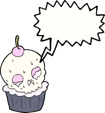 Bir insan tarafından çizilmiş konuşma balonlu Cadılar Bayramı pastası.