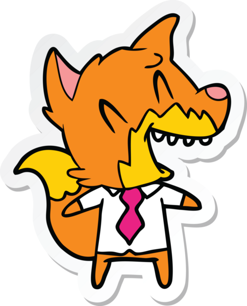 Bir insan tarafından çizilmiş tişörtlü ve kravatlı gülen tilkinin çıkartması.