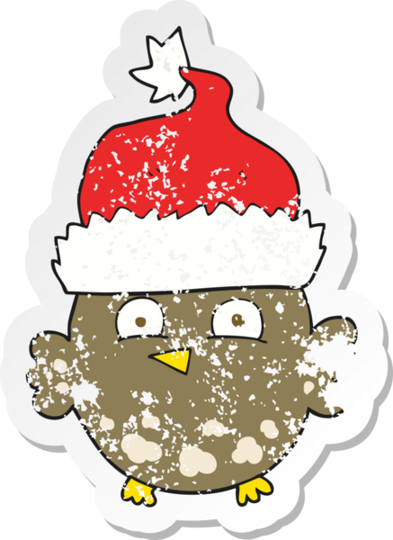Bir insan tarafından çizilmiş noel şapkası giyen bir baykuşun gerilimli çıkartması.