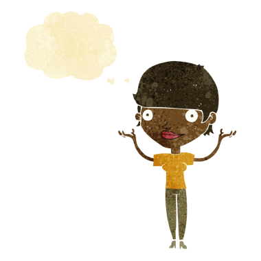 Bir insan tarafından çizilmiş düşünce baloncuğuyla kollarını havada tutan çizgi film kadını.