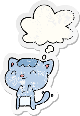 Düşünce baloncuklu çizgi film mutlu kedi bir insan tarafından çizilmiş yıpranmış bir çıkartma gibi